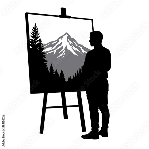 Silhouette of person admiring landscape painting with mountain view, nature art