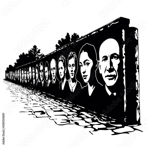 Silhouette wall of painted local portraits – Community identity expression