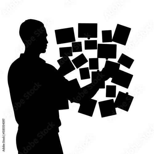 Silhouette of artist pinning collage pieces to corkboard, visual planning