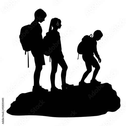 Silhouette of teens hiking with backpacks and headphones, youth exploration