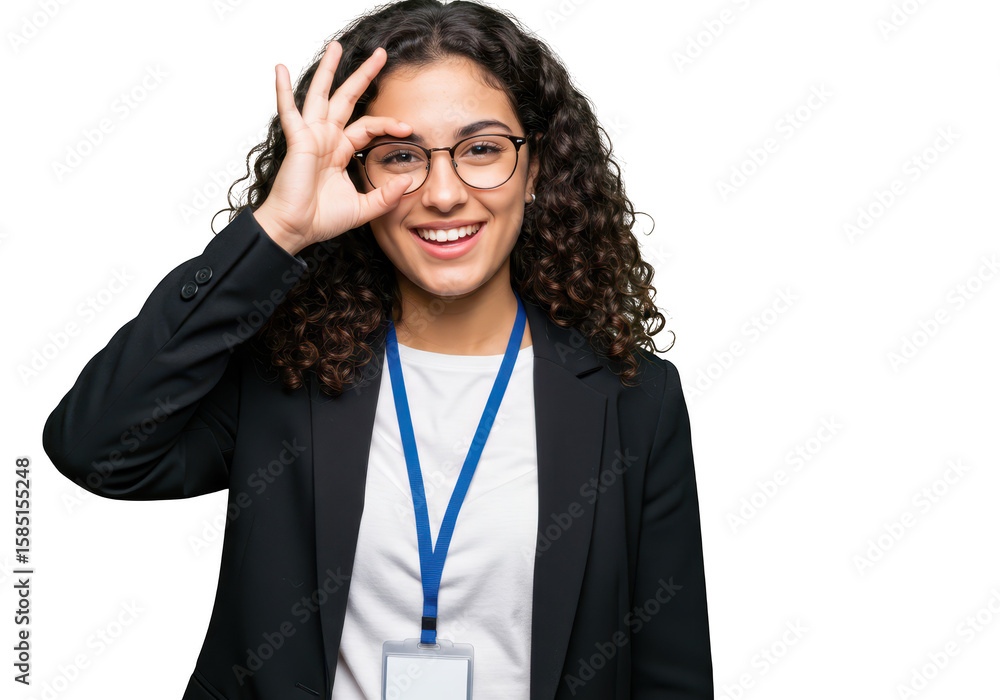 A young woman with curly hair and glasses smiles and makes an ok gesture, isolated on a transparent background A young woman with curly hair and glasses smiles and makes an ok gesture, isolated on a transparent background