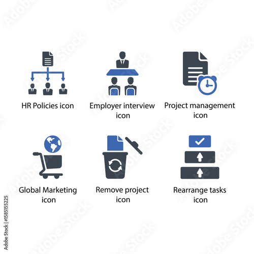 HR Policies, Interview, Project management, Global Marketing, Remove project, Rearrange tasks, icon