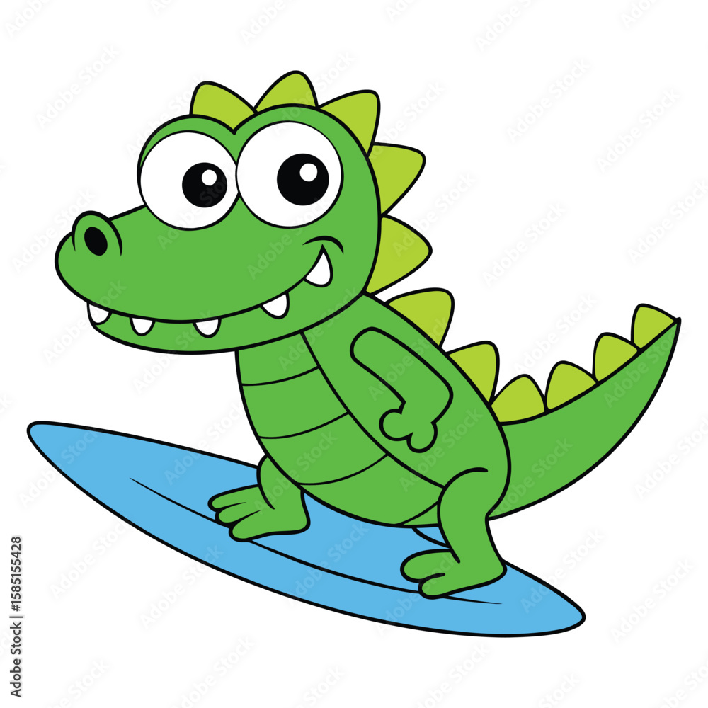 Obraz premium Funny Cartoon Crocodile Surfing with Big Goofy Eyes Vector Illustration
