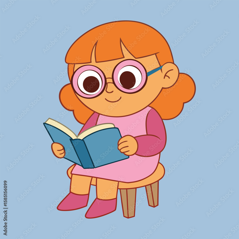 Cute Little Girl Reading a Book Vector Cartoon with Big Round Glasses Cute Little Girl Reading a Book Vector Cartoon with Big Round Glasses