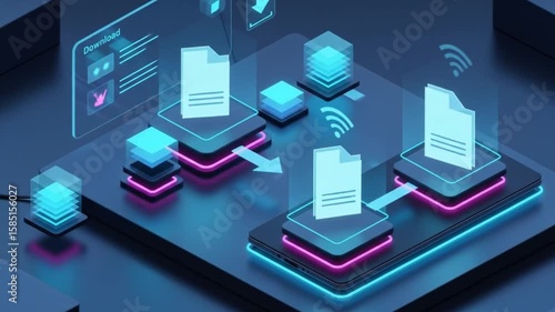 Futuristic data transfer animation displaying secure file sharing process