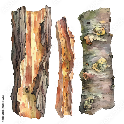 A hand-drawn illustration painting of a slippery elm bark set in soft watercolor style, featuring delicate brush strokes, isolated on a white background, artistic, painted design, EPS format