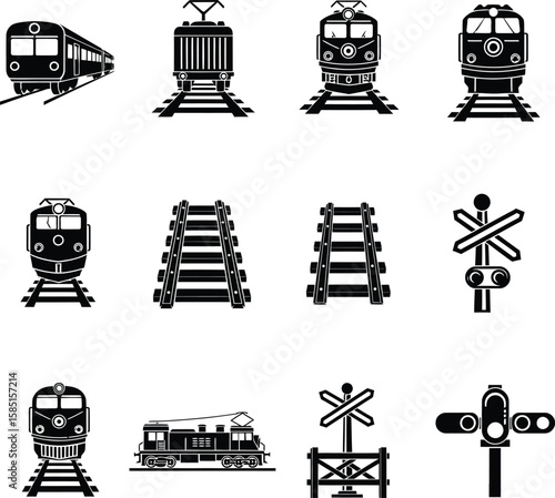 Railroad and Train Transportation Black Icons Set

