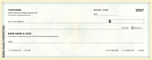 Blank bank check, checkbook cheque template or money payment paper voucher, vector mockup. Business or personal account cash pay cheque certificate or paycheck coupon from checkbook