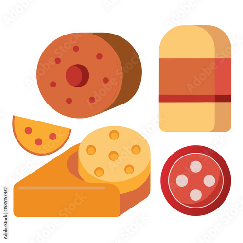Cheese and salami graphic shows various cured meat and dairy products, perfect for culinary-themed designs and advertising.