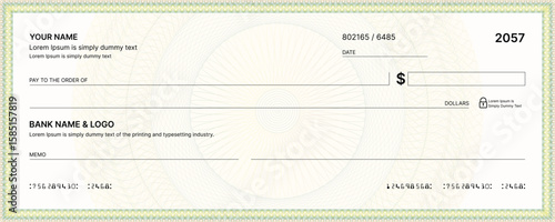 Blank bank check, checkbook cheque template or money payment paper voucher, vector mockup. Business or personal account cash pay cheque certificate or paycheck coupon from checkbook