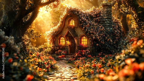 Sun-drenched fairy tale cottage nestled in a vibrant autumnal forest