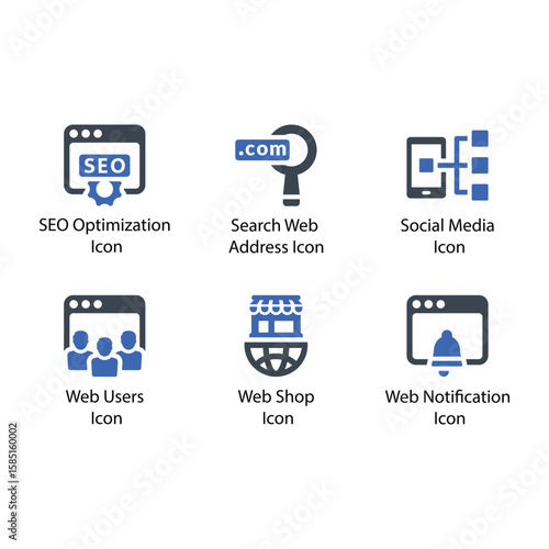 SEO Optimization, Search Web Address, Social Media, Web Users, Web Shop, Web Notification, icon
