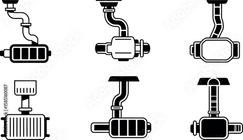 Vector illustration: Six monochrome automotive exhaust system icons