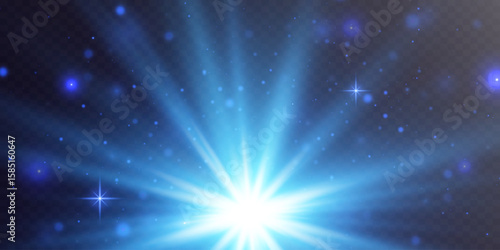 Glow effect. Bright blue radiant light. Flashes of light. Sun rays of dawn.
