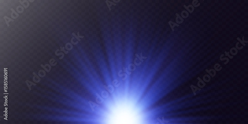 Glow effect. Bright blue radiant light. Flashes of light. Sun rays of dawn.