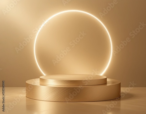 Luxury golden podium with glowing circular ring light for product display, minimal 3D stage with elegant gold texture and modern spotlight background, perfect template for cosmetic branding mockup
