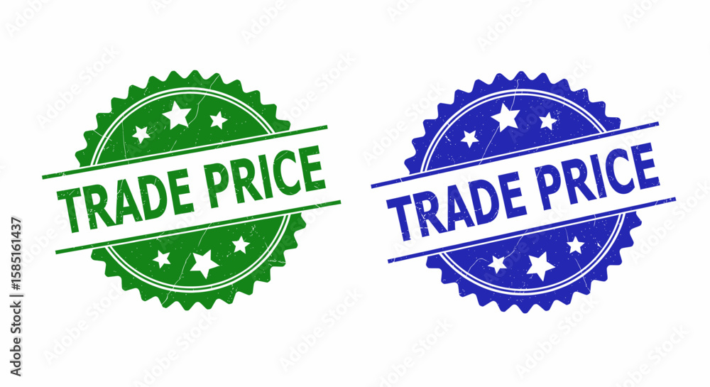 Obraz premium Distressed trade price stamps showcase green and blue seals, suitable for business, finance, and marketing applications.