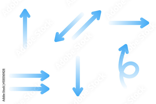 Air flow. Set of blue arrows showing direction of air movement. Wind direction arrows. Blue cold fresh stream from the conditioner.