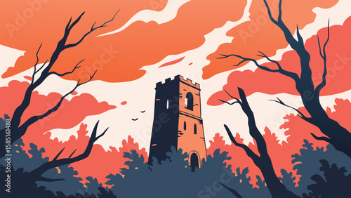Illustration of a tower surrounded by trees under a cloudy orange sky at dusk or dawn time period
