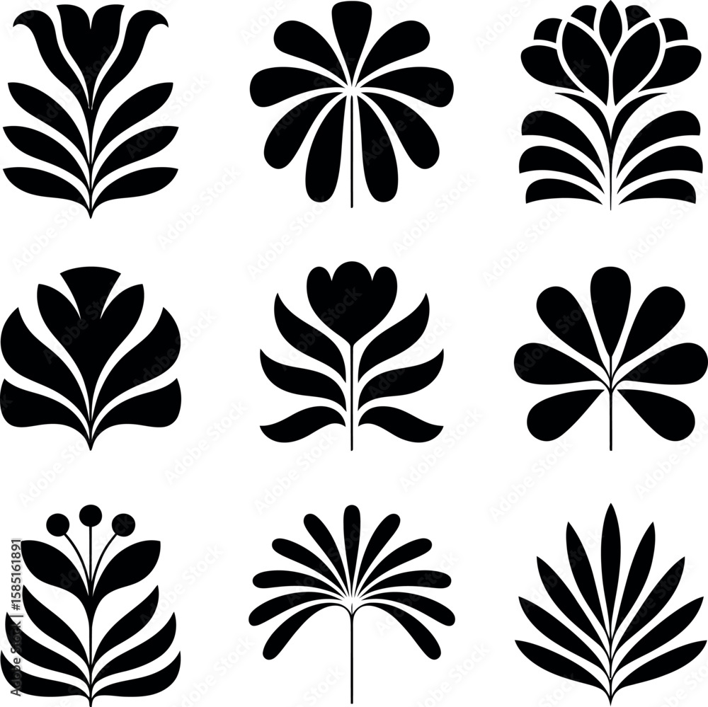 Obraz premium Elegant black vector floral design elements set: minimalist style.