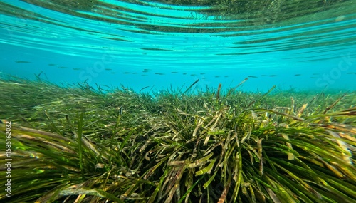 Tableau sur toile Vibrant underwater scene in Aegean sea showcasing lush seagrass with clear water above, highlighting the beauty and importance of marine life and aquatic ecosystems for environmental health