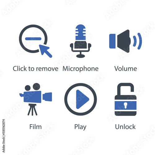 Click to remove, Microphone, Volume, Film, Play, Unlock, icon