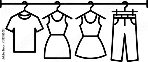 Vector illustration: Minimalist clothing line art on hangers