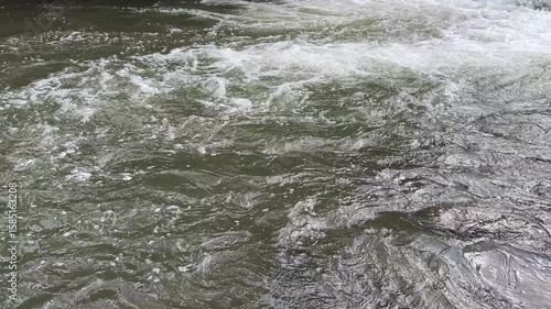 The river flows swiftly with clear and natural water. Fast flowing water over rocks. Clean river water flowing in mountain rivers. The river is wide and the current is strong. 4K.