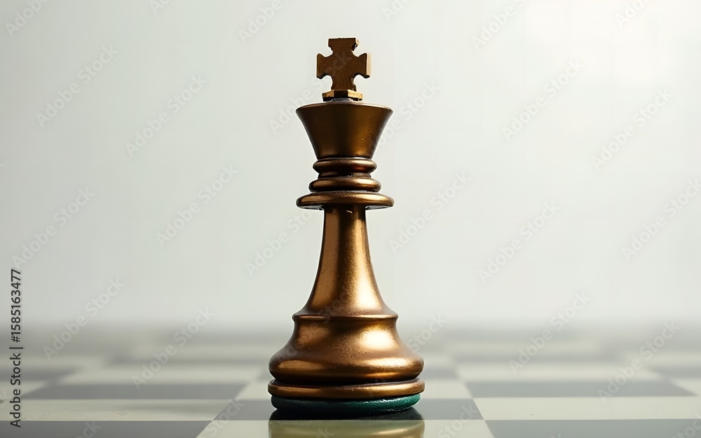 A single copper king chess piece stands prominently on a chessboard, symbolizing strategy and power in a conceptual game of lect and leadership. A single copper king chess piece stands prominently on a chessboard, symbolizing strategy and power in a conceptual game of lect and leadership.