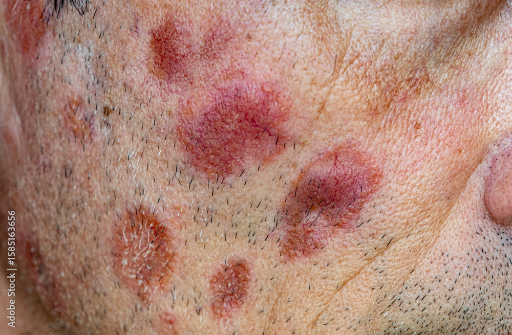 Fototapeta premium A case of cutaneous sarcoidosis on the face of a man, close up view