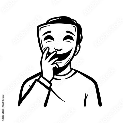 Black and White Illustration of a Laughing Person with Mask