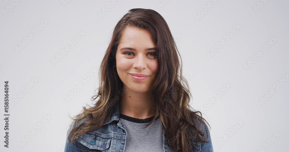 Fototapeta premium Student, woman and smile for education, portrait and confident for studies in university and studio. Happy, pupil and person with pride for skill development in college, white background and USA