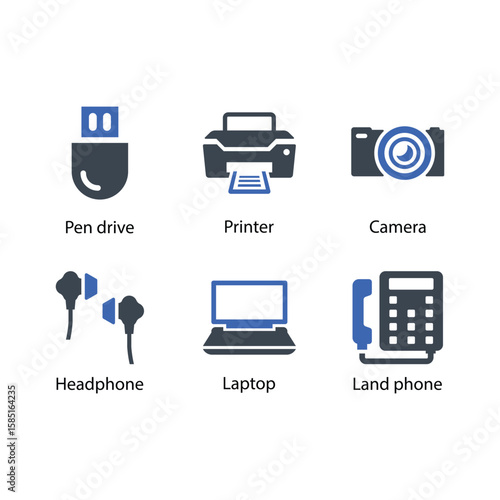 Pen drive, Printer, Camera, Headphone, Laptop, Land phone, icon