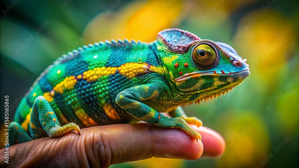 Fototapeta premium Vibrant chameleon with detailed scales rests on a human finger in nature