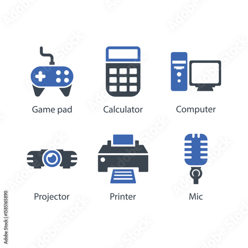 Game pad, Calculator, Computer, Projector, Printer, Mic, icon