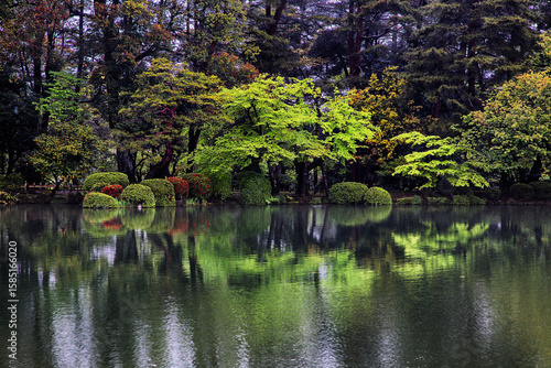 View of lush green trees and manicured shrubs reflecting in the calm waters of a serene garden pond, Kanazawa, Ishikawa, Japan.