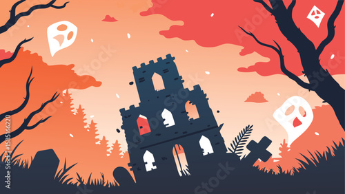 A spooky halloween scene featuring a ruined building ghosts and tombstones under a cloudy orange sky