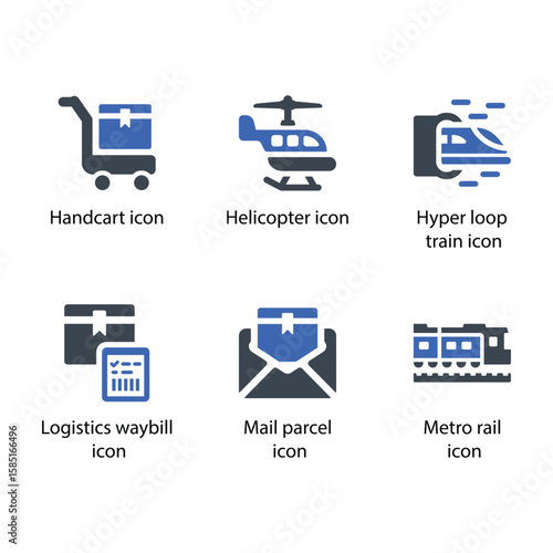 Handcart, Helicopter, Hyperloop train, Logistics waybill, Mail parcel, Metro rail, icon
