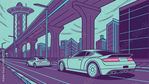 Cars driving on a road under an elevated train track with buildings in the background in a futuristic city