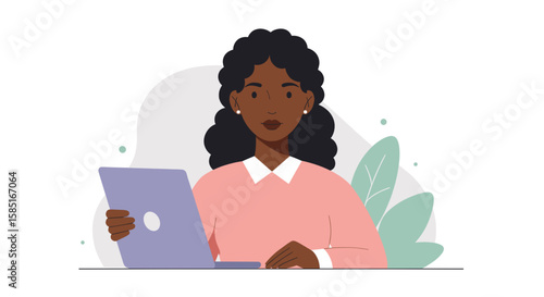 Black woman working remotely in flat vector style