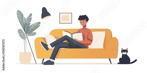 man with book and cat