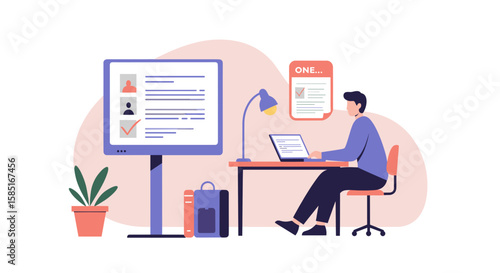 Minimalist student studying in library with laptop