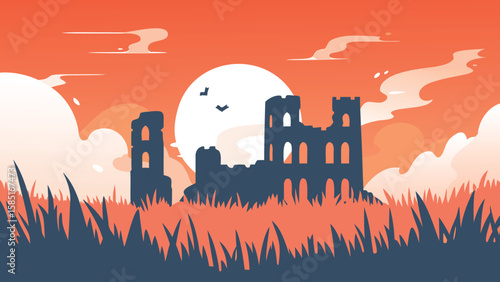 Silhouette of a ruined castle at sunset with birds flying over it and grass in the foreground scene
