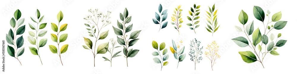Fototapeta premium Watercolor Greenery Branches and Leaves on White Background