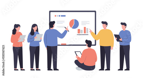 Team discussing chart on whiteboard in flat style