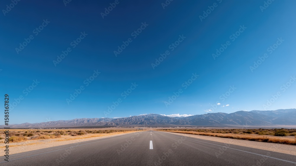 Vast Open Highway Stretching into the Distance Under Clear Blue Sky with Mountain Range in Background Vast Open Highway Stretching into the Distance Under Clear Blue Sky with Mountain Range in Background