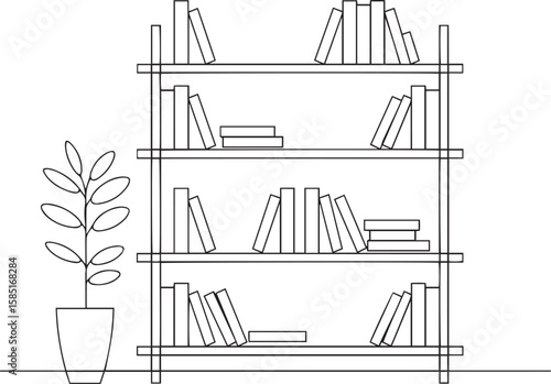 Continuous line art drawing of bookshelf with books, minimalist furniture and storage vector illustration

