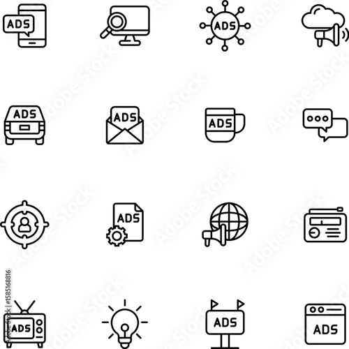 Line style icons of digital ads performance: CTR icon, impressions graph, ad reach, ad spend icon, ROI chart, engagement meter, conversion stat, frequency icon, ad delivery status, campaign overview,