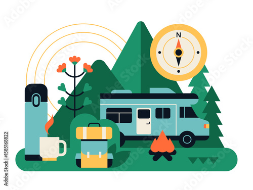Forest campsite - colorful flat design style illustration