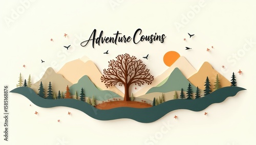 Scenic Paper Cutout Landscape Mountains Tree Forest Sunset Adventure Theme Illustration